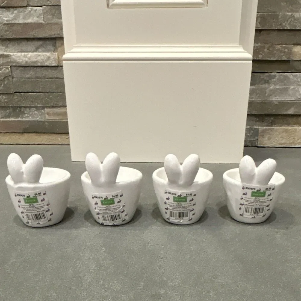 Hobby Lobby Set of 4 Bunny Ear Ceramic Egg Cups White Easter